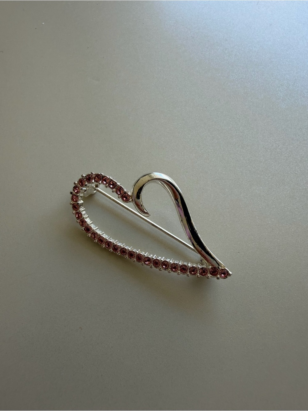 Roman Signed Silver Heart Brooch with Pink Crystal Accents